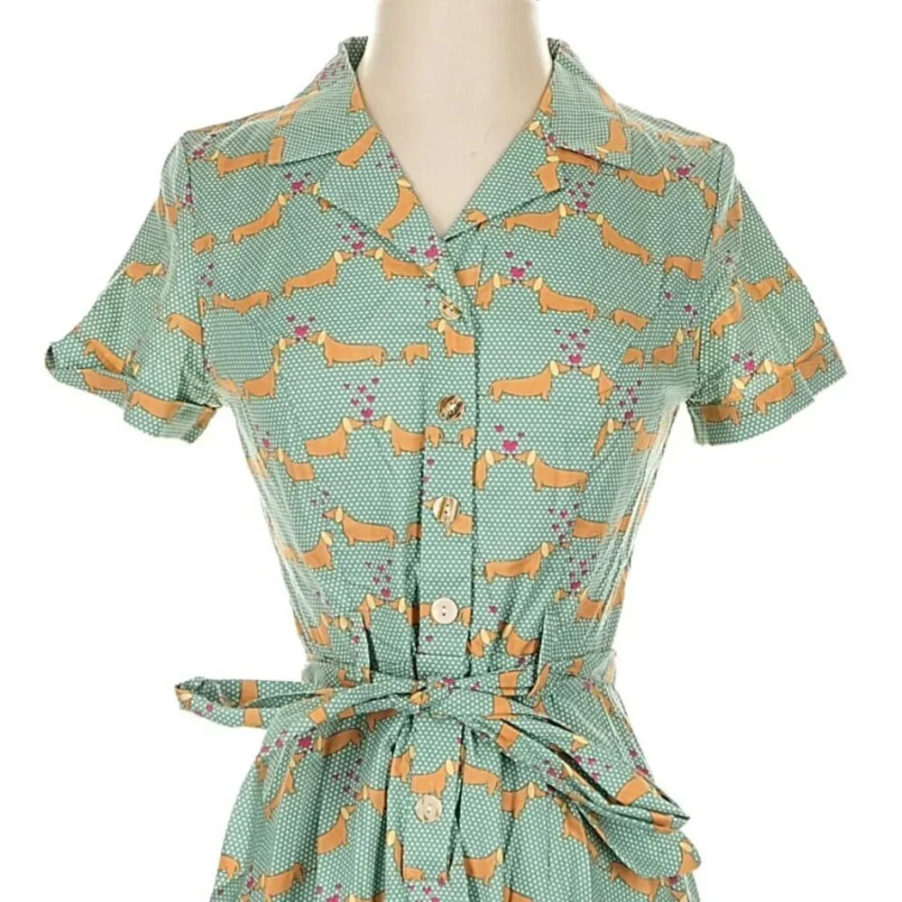 Modcloth Green Dachshund Print Puppy Love Shirt Dress